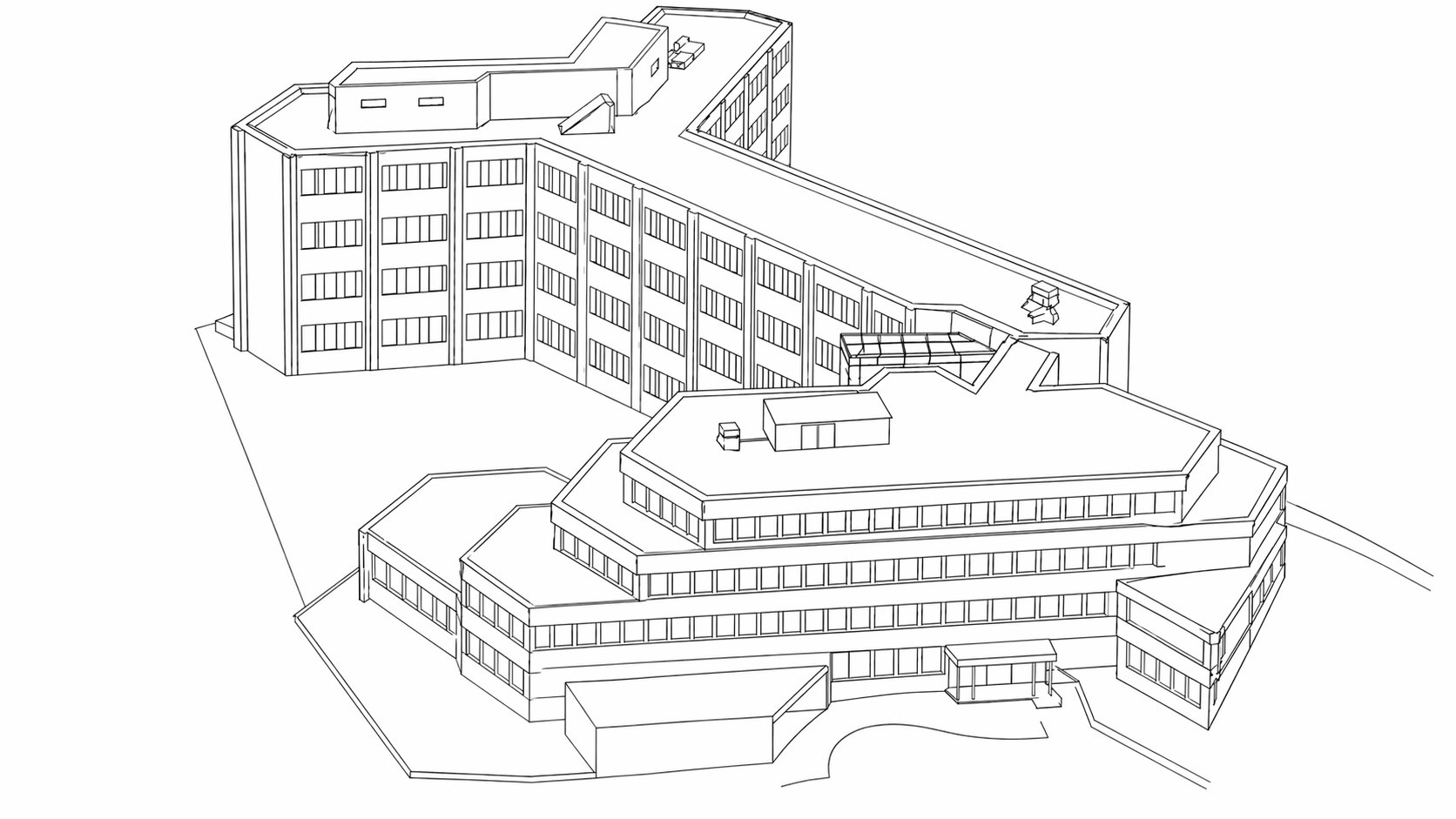 Skizze Bürogebäude Siegburg, Alt- und Neubau